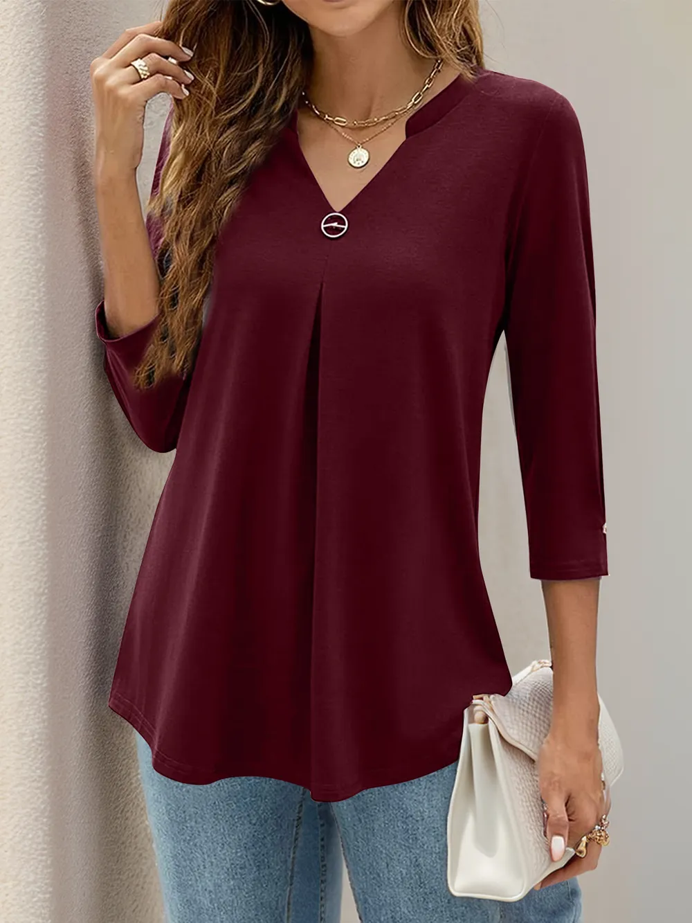 Notched Three-Quarter Sleeve T-Shirt, image 17