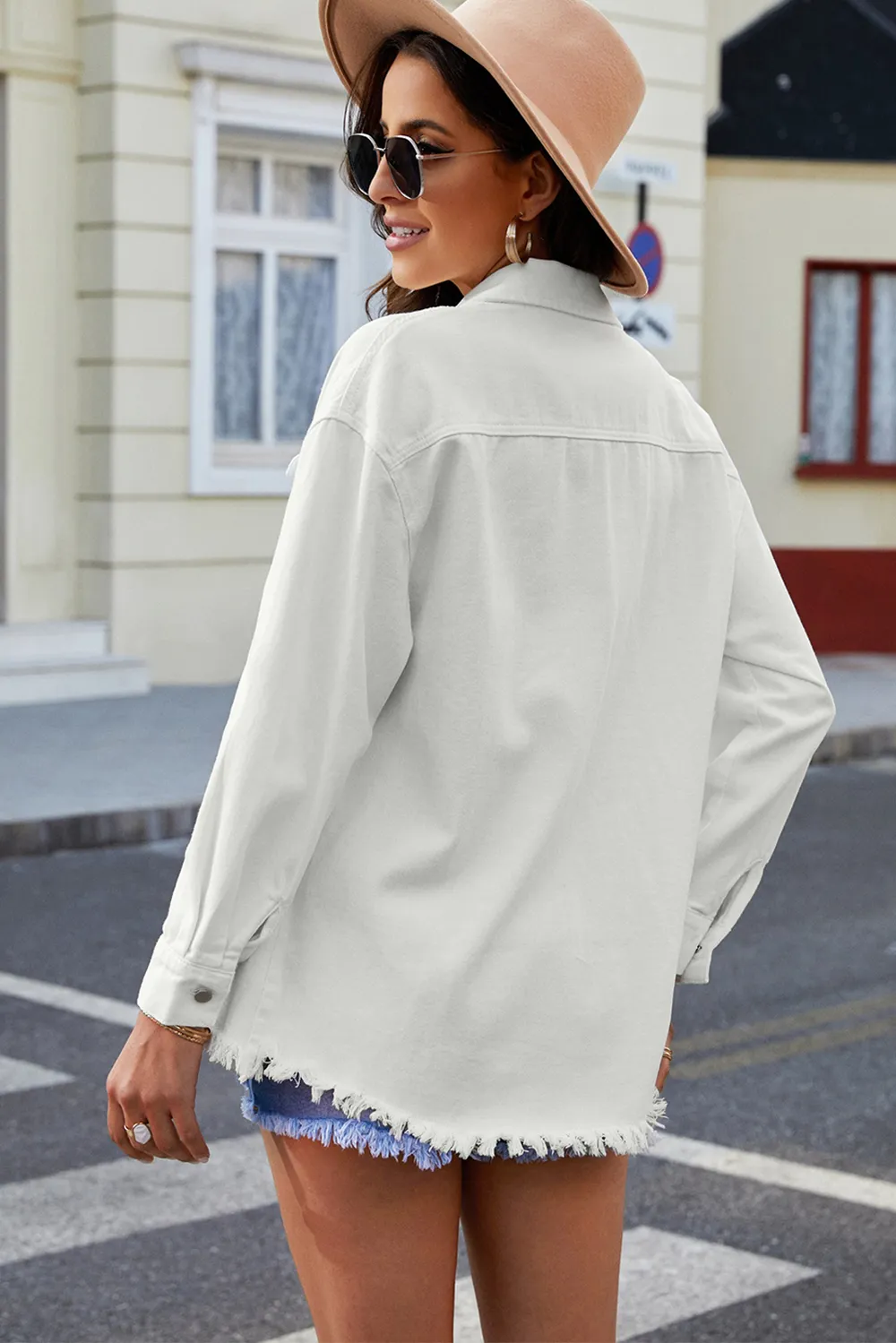 Button Up Pocketed Raw Hem Denim Jacket, image 10