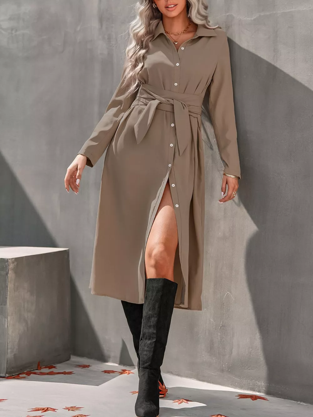 Full Size Tie Waist Long Sleeve Shirt Dress Plus Size, image 4