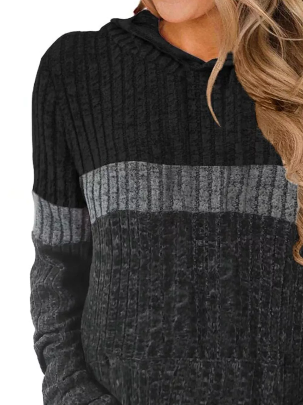 Full Size Color Block Ribbed Knit Hoodie Plus Size, image 3
