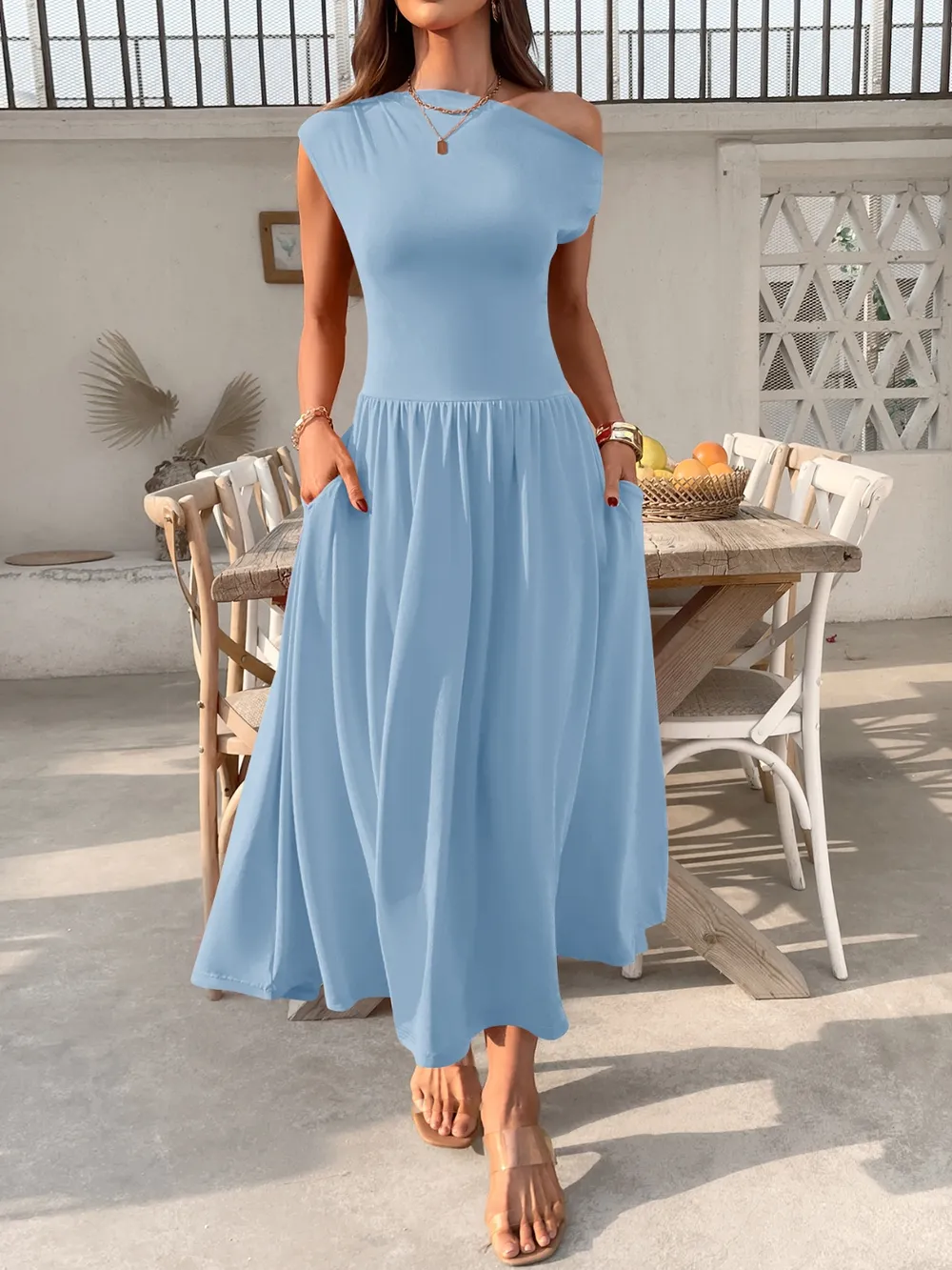 Single Shoulder Midi Dress with Pockets, image 16