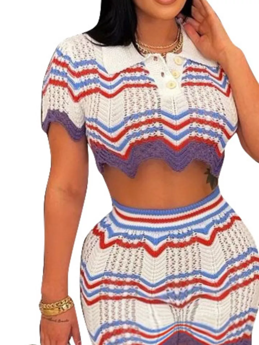 Crochet Knit Sweater Set with Zigzag Pattern, image 3
