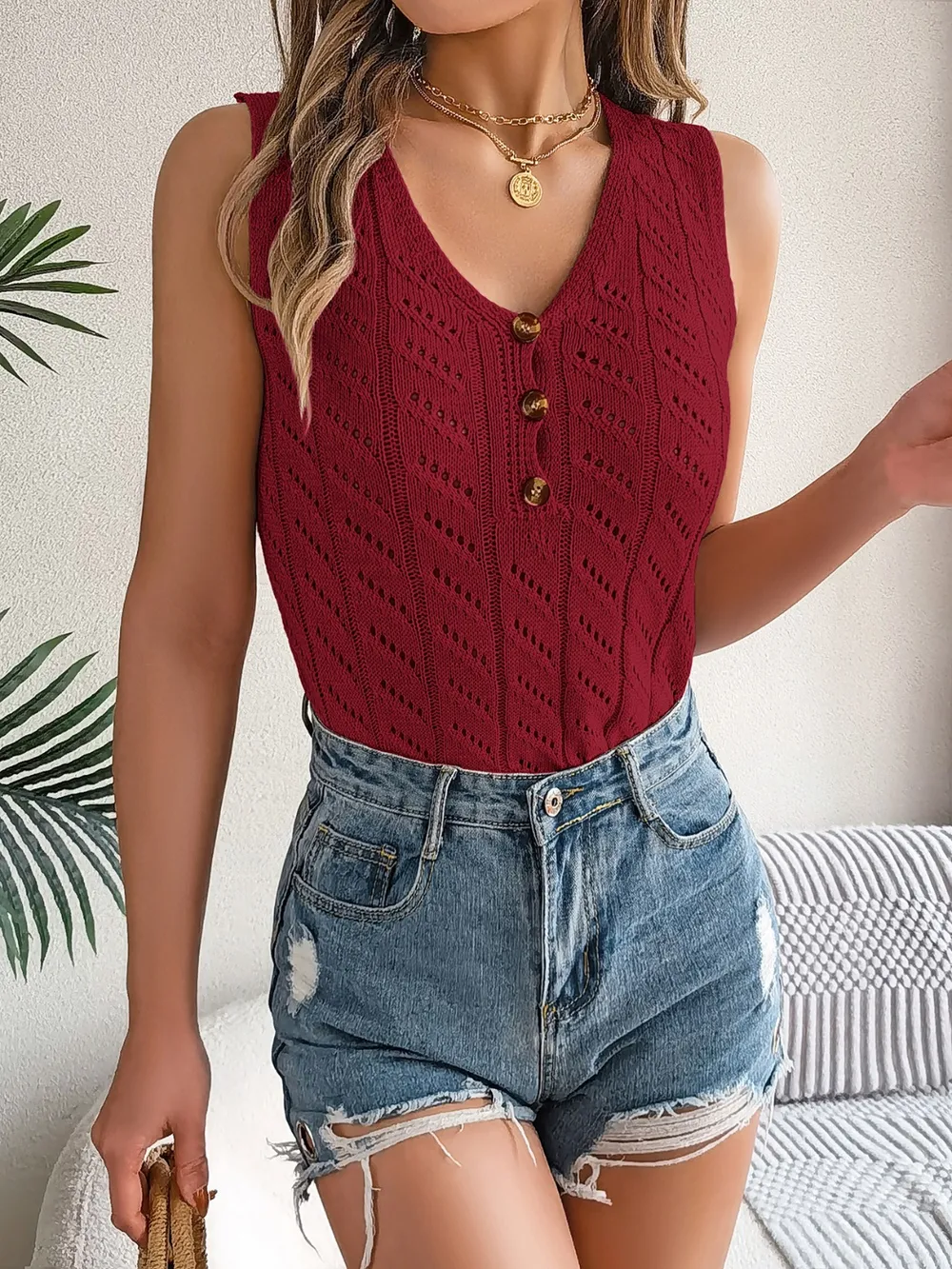 Openwork V-Neck Knit Vest, image 11