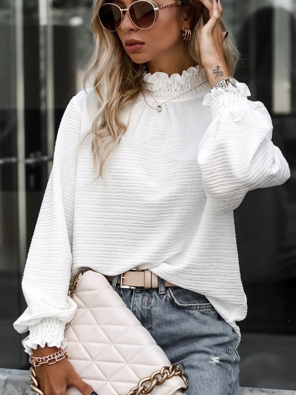 Smocked Frill Mock Neck Long Sleeve Blouse, image 4