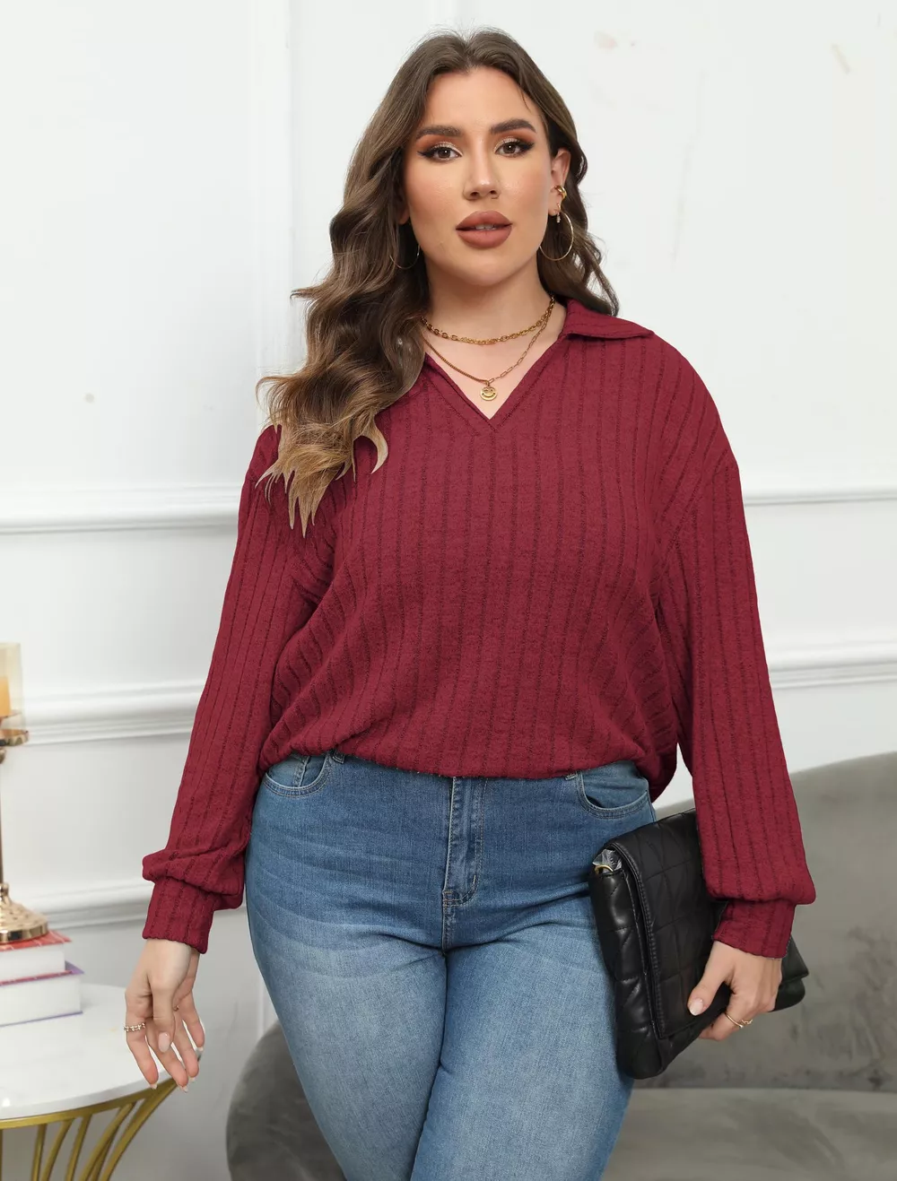 Plus Size Ribbed Knit Polo Collar T-Shirt, image 22