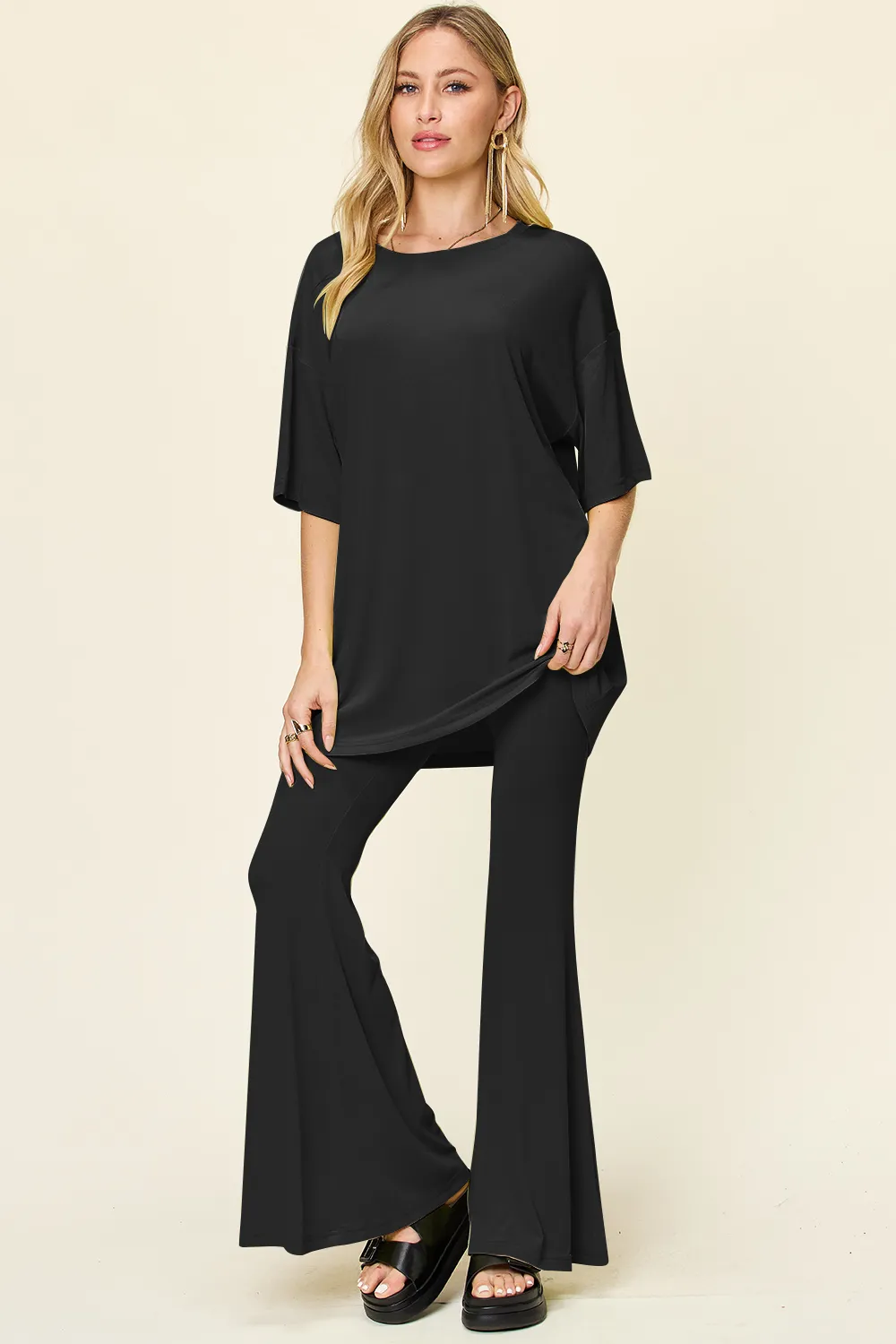 Full Size Round Neck Drop Shoulder T-Shirt and Flare Pants Set
