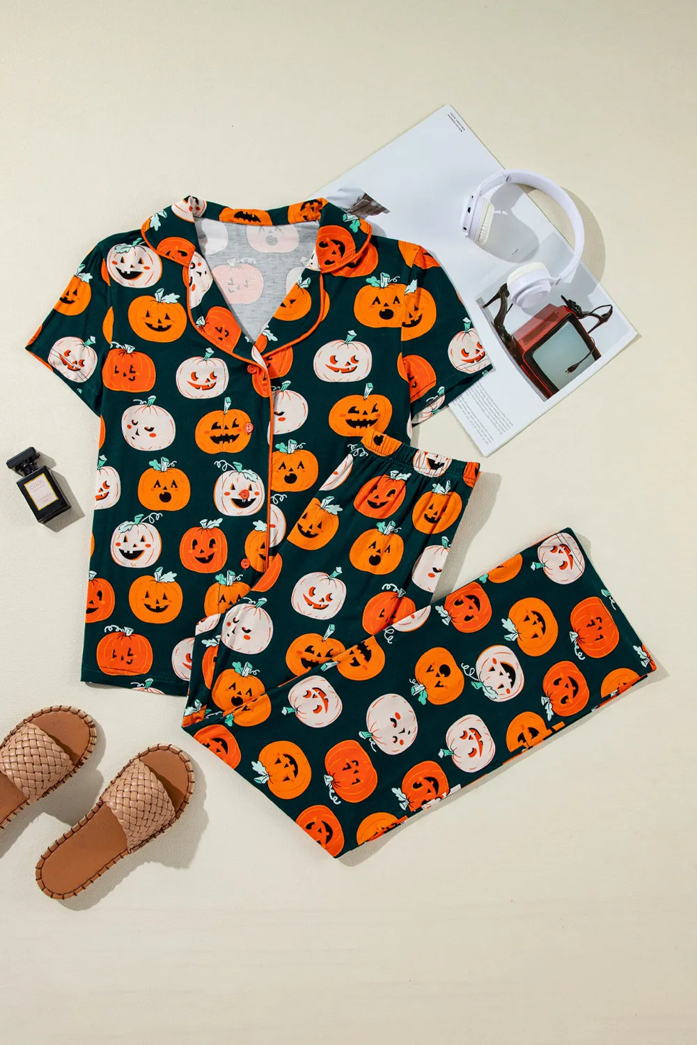 Pumpkin Printed Short Sleeve Top and Pants Lounge Set, image 6