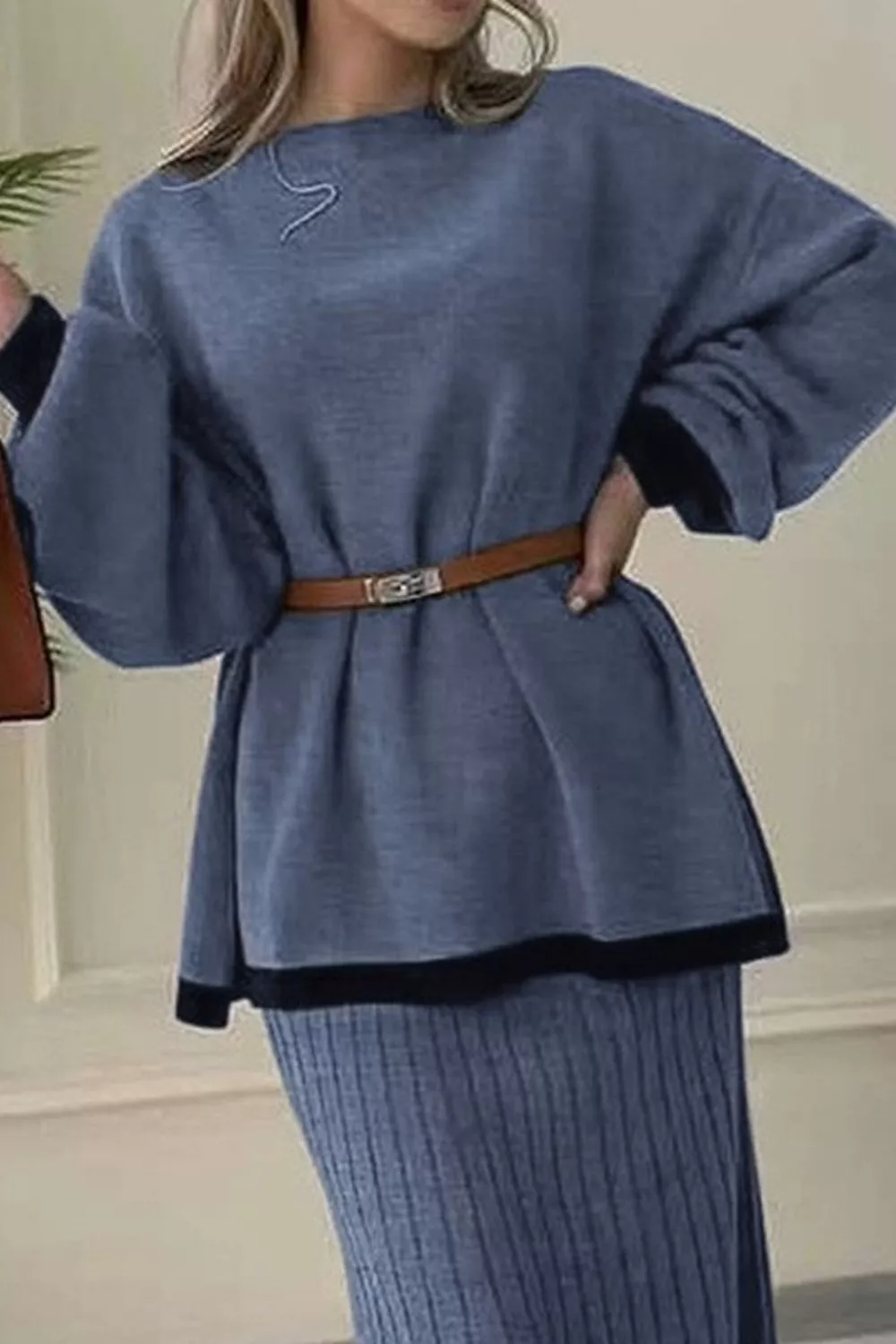 Contrast Trim Ribbed Knit Sweater and Skirt Set, image 6