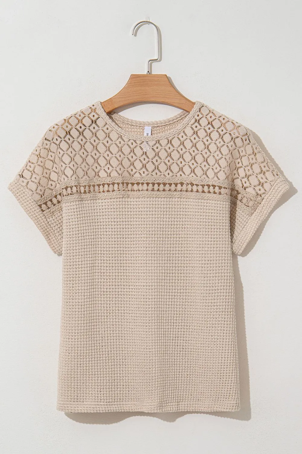 Lace Patchwork Waffle Short Sleeve Knit Top, image 9