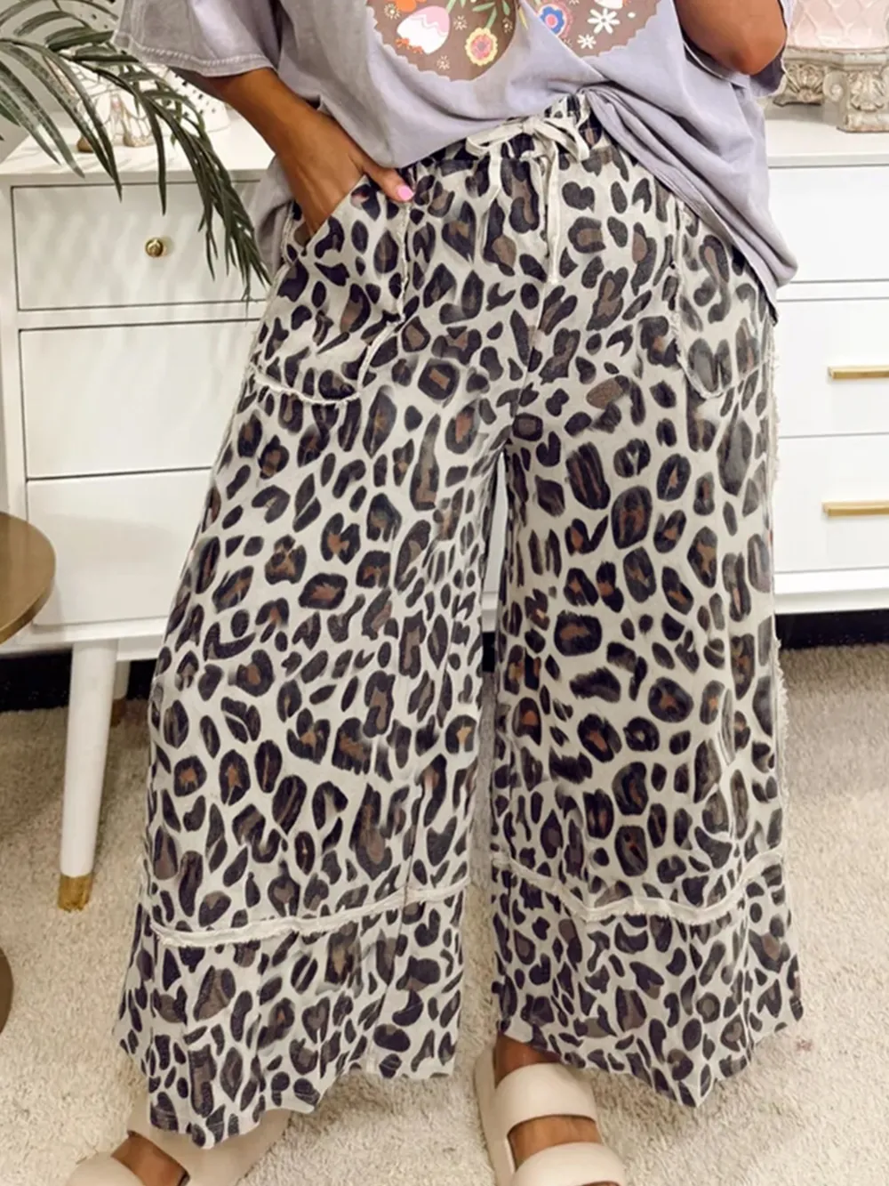 Leopard Print Wide Leg Drawstring Pants, image 2