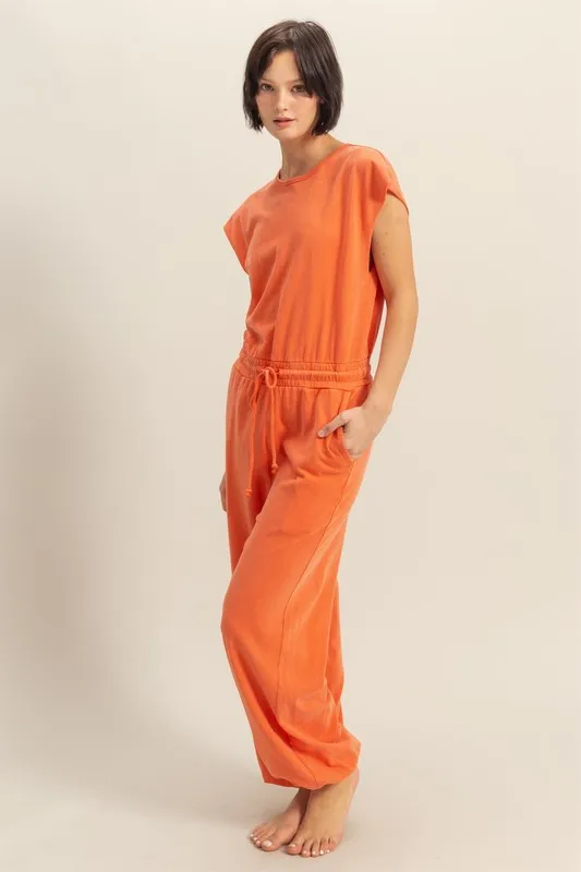 Back Keyhole Round Neck Cap Sleeve Drawstring Jumpsuit, image 2