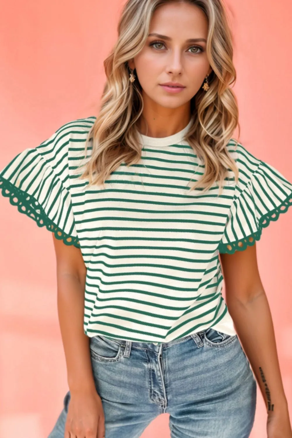 Striped Round Neck Ruffle Sleeve Blouse, image 8