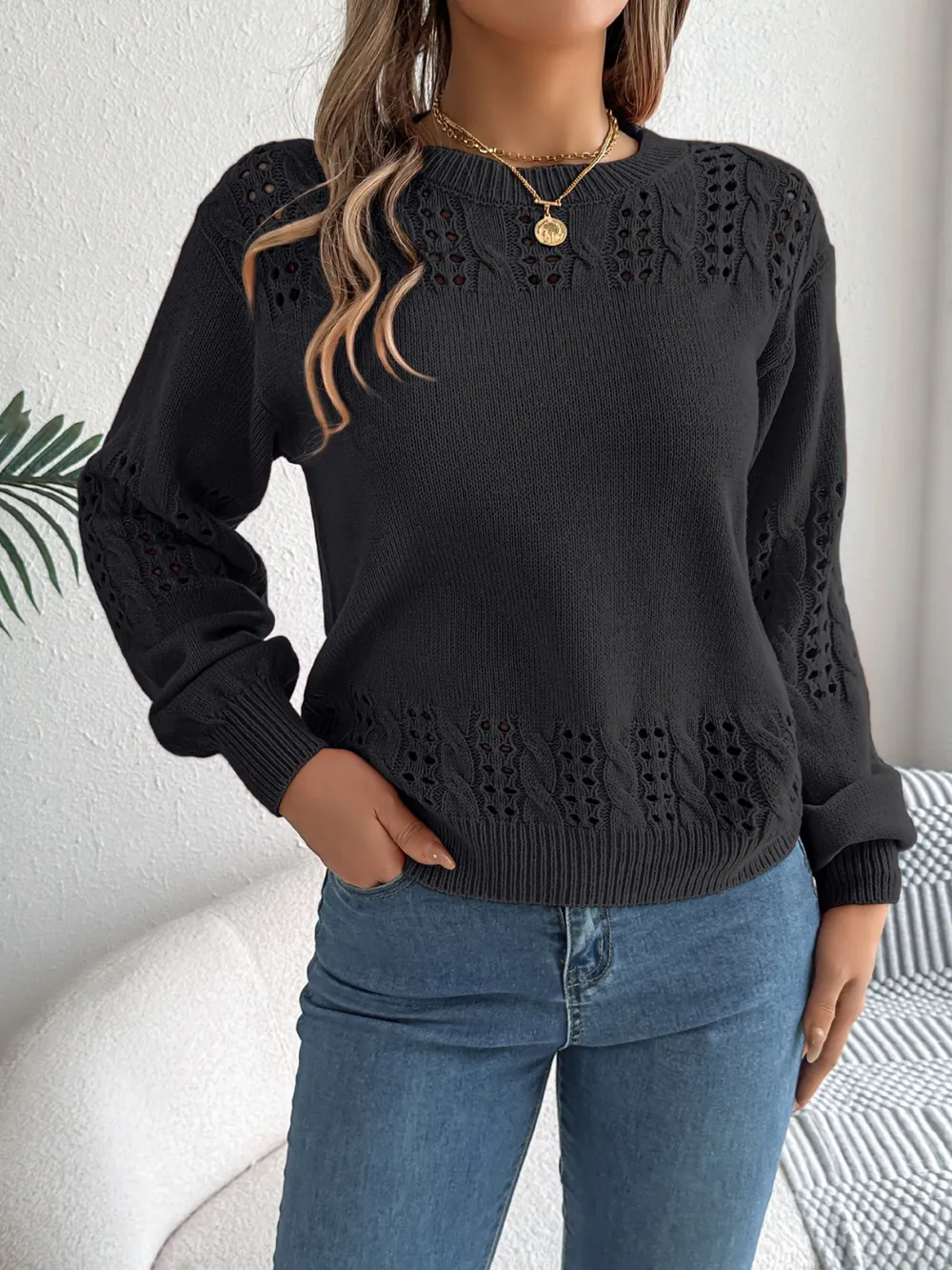 Openwork Round Neck Long Sleeve Sweater, image 8