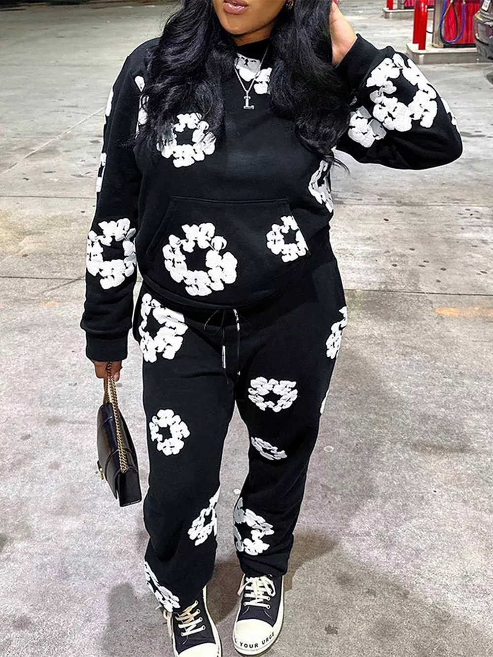 Printed Long Sleeve Hoodie and Pants Set