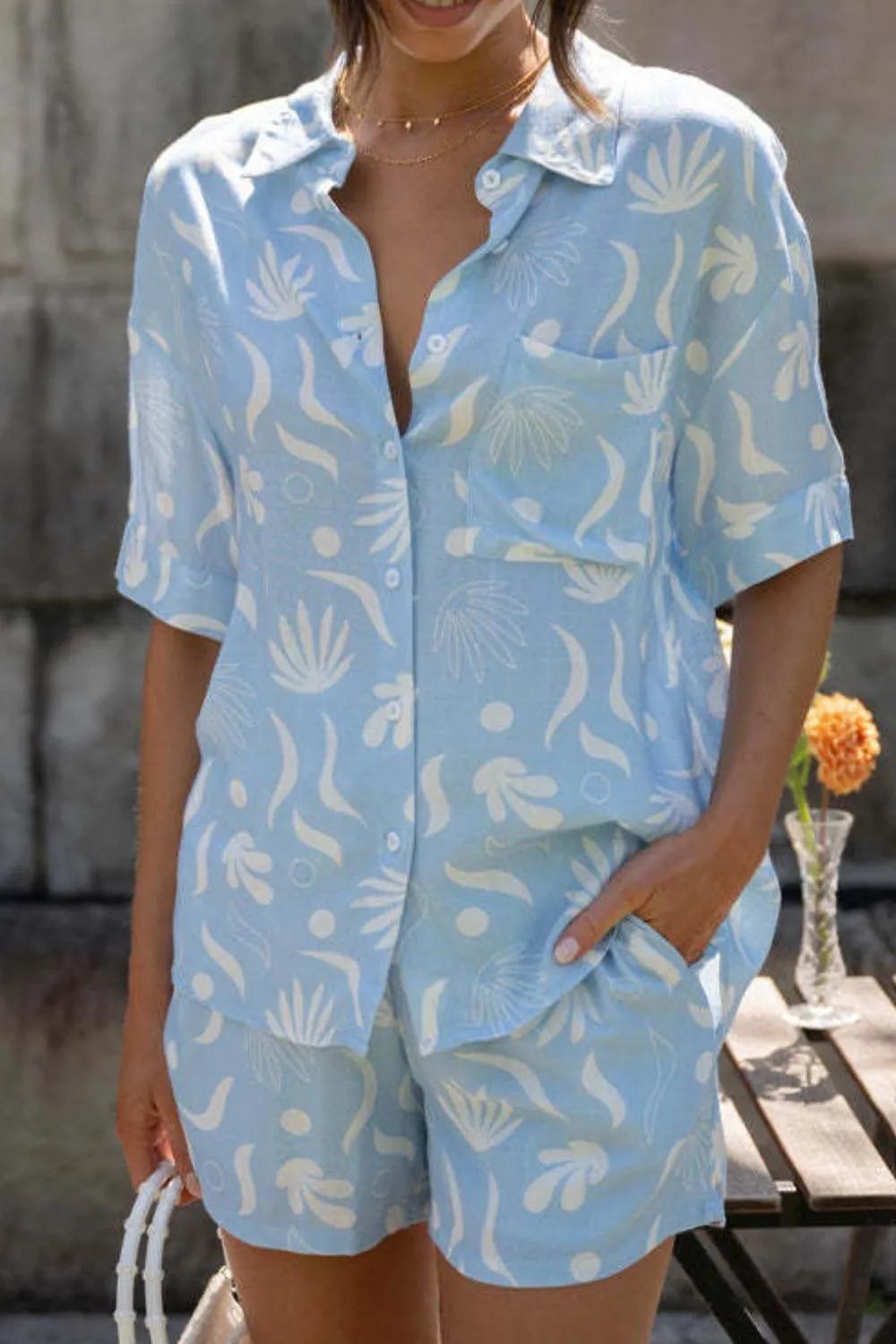 Printed Collared Neck Top and Shorts Set, image 5