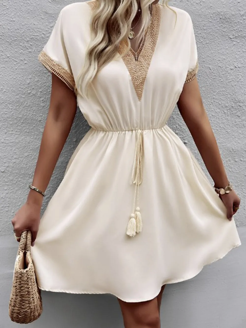 Full Size Tassel V-Neck Short Sleeve Dress Plus Size, image 12
