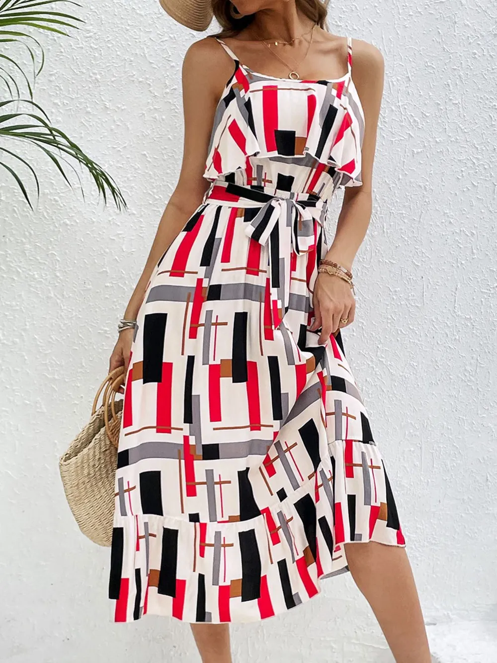 Ruffled Printed Tie Waist Midi Dress, image 6