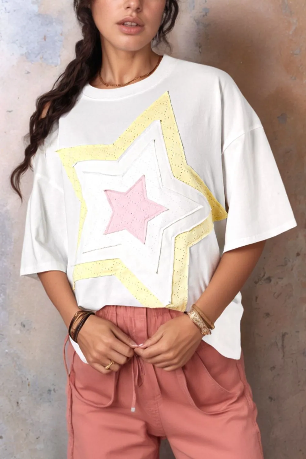 Star Layered Patched Graphic Drop Shoulder Half Sleeve Loose Tee, image 9