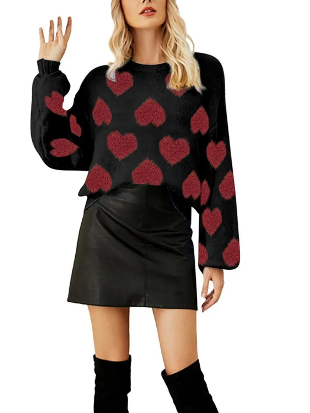 Heart Round Neck Dropped Shoulder Sweater, image 5
