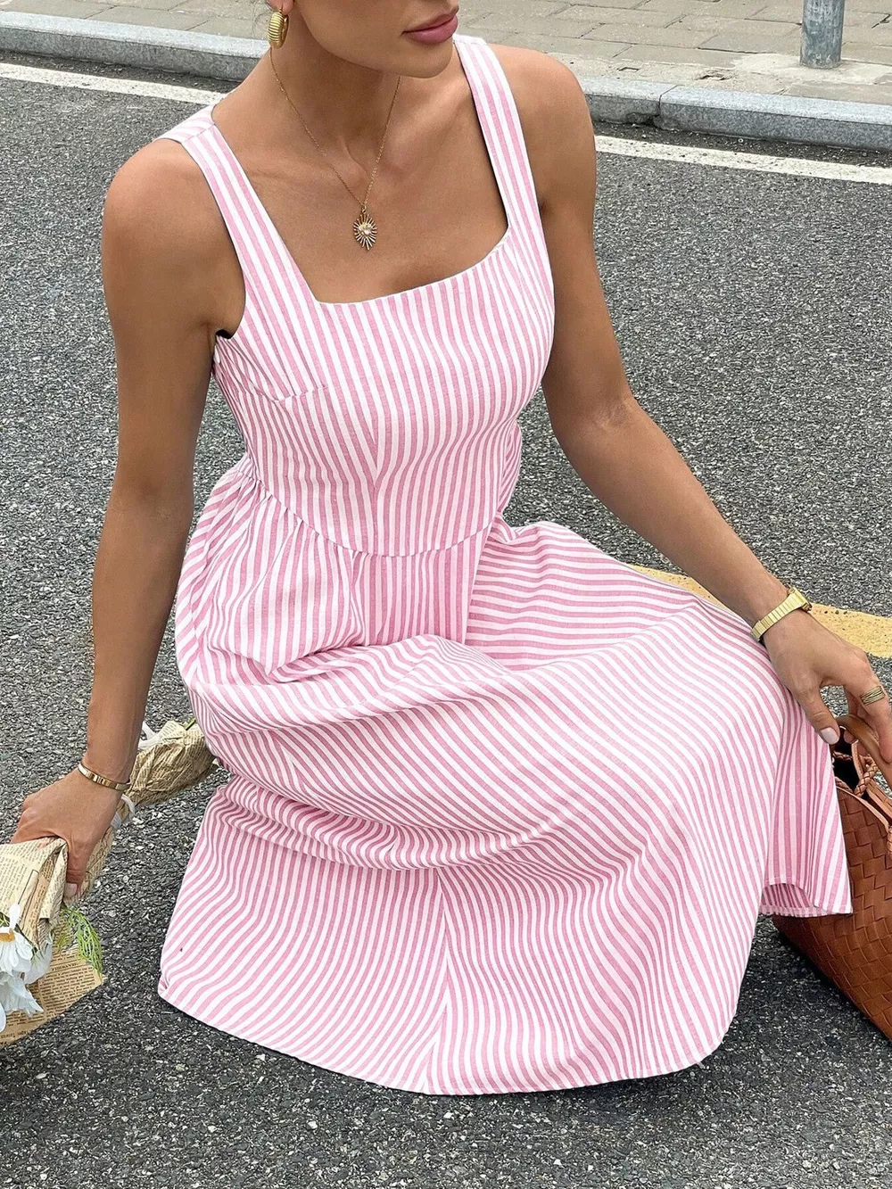 Striped Square Neck Midi Dress, image 14