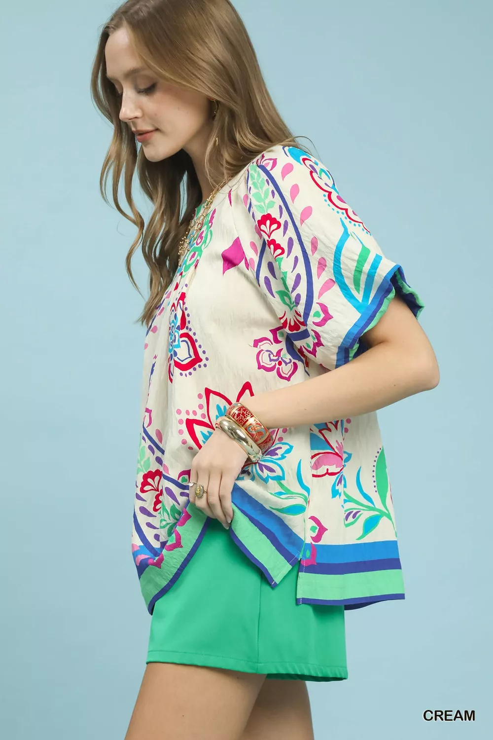 Border Print Puff Sleeve Blouse, image 2
