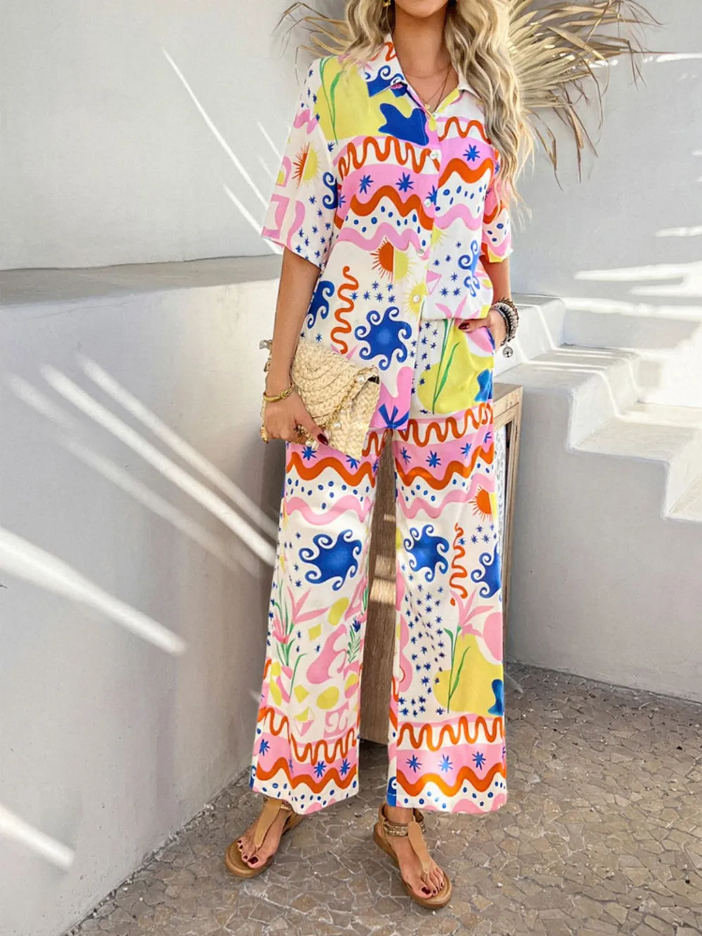 Printed Button Down Shirt and Pants Set, image 4