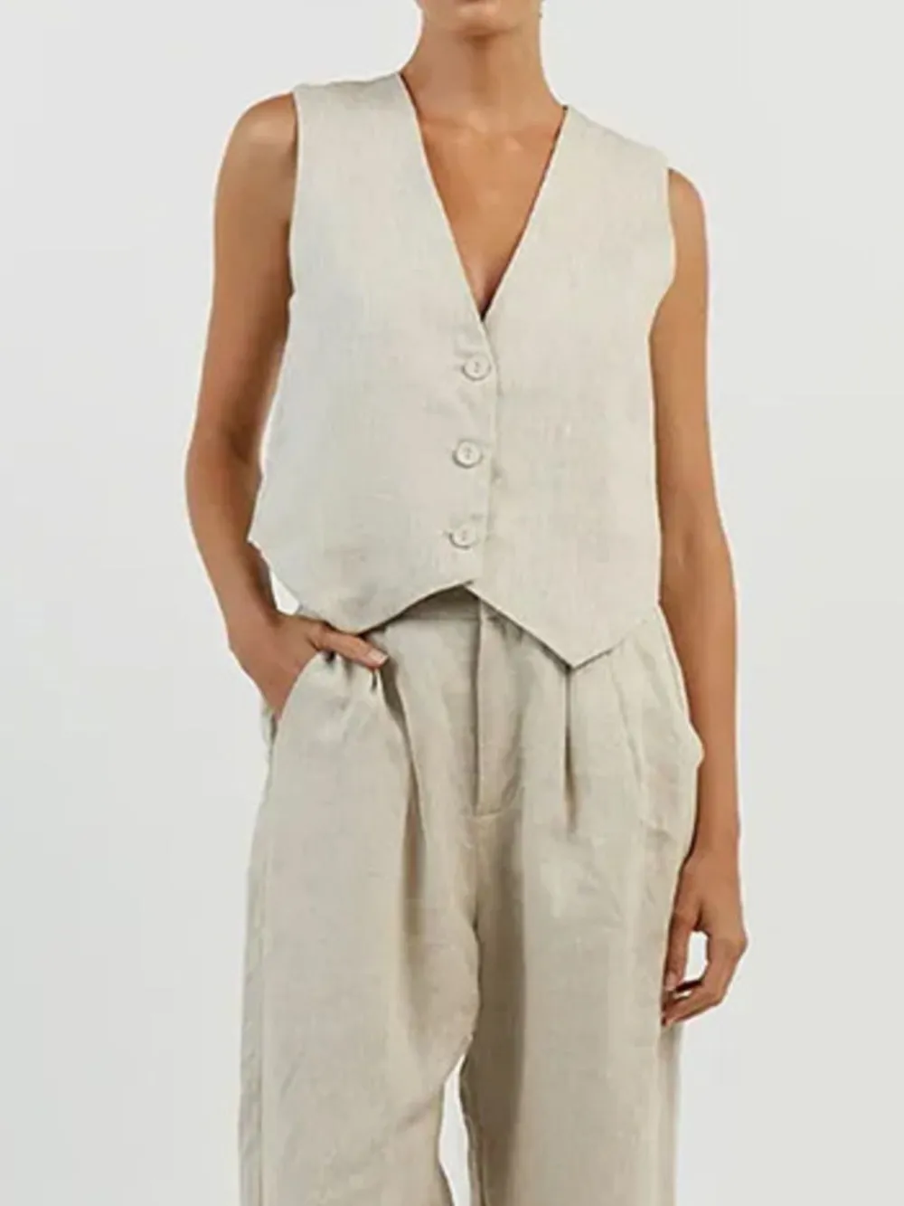 Full Size V-Neck Vest and Wide Leg Pants Set Plus Size, image 2