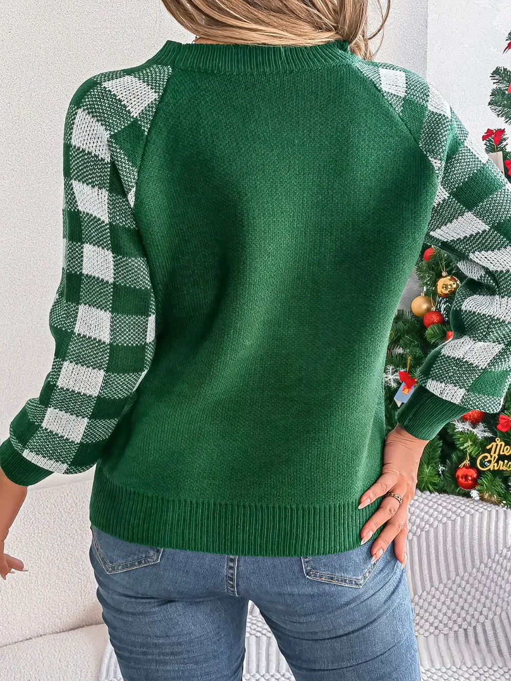 Reindeer Plaid Round Neck Long Sleeve Sweater, image 13