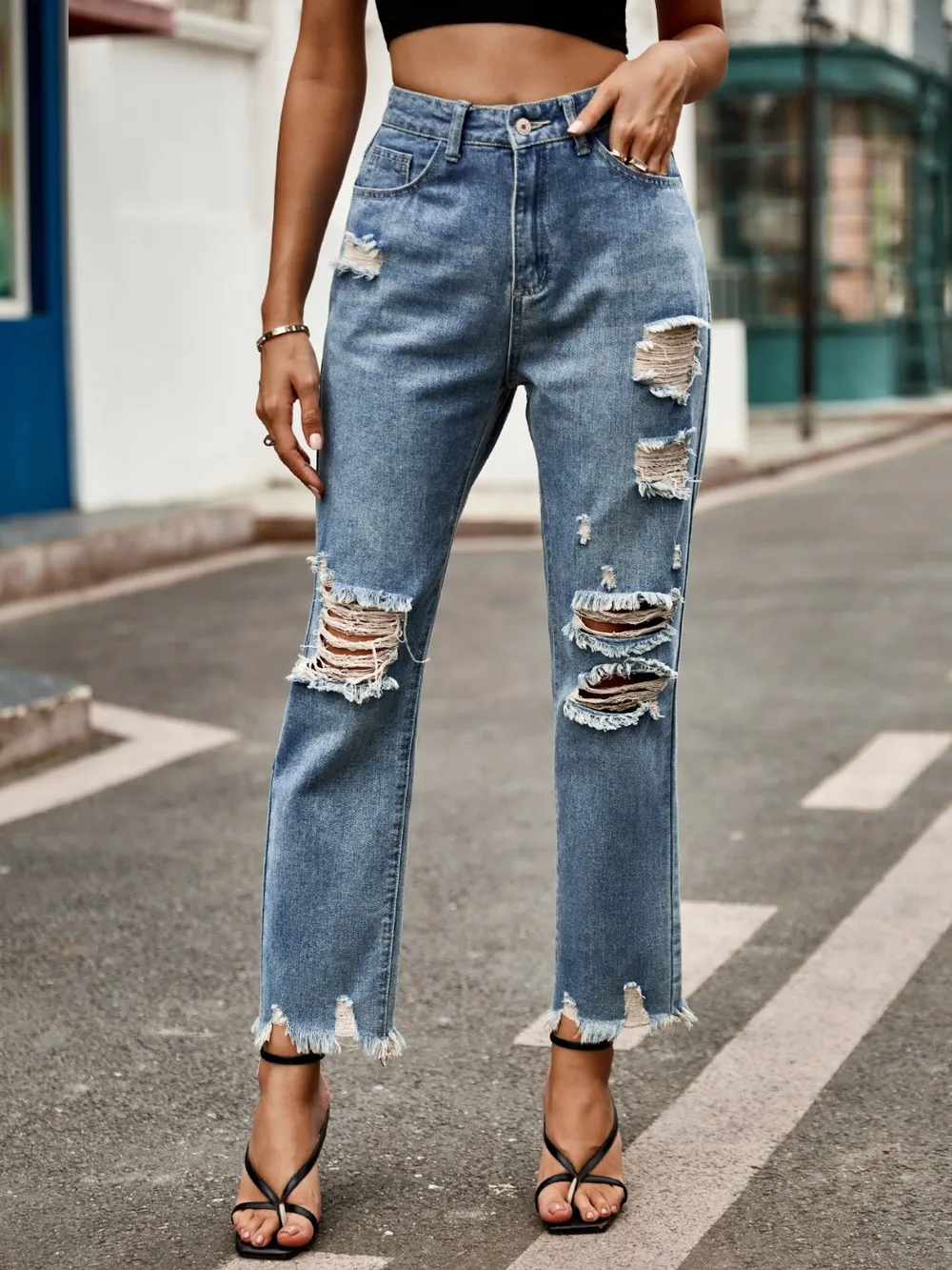 Distressed Raw Hem Jeans with Pockets, image 4