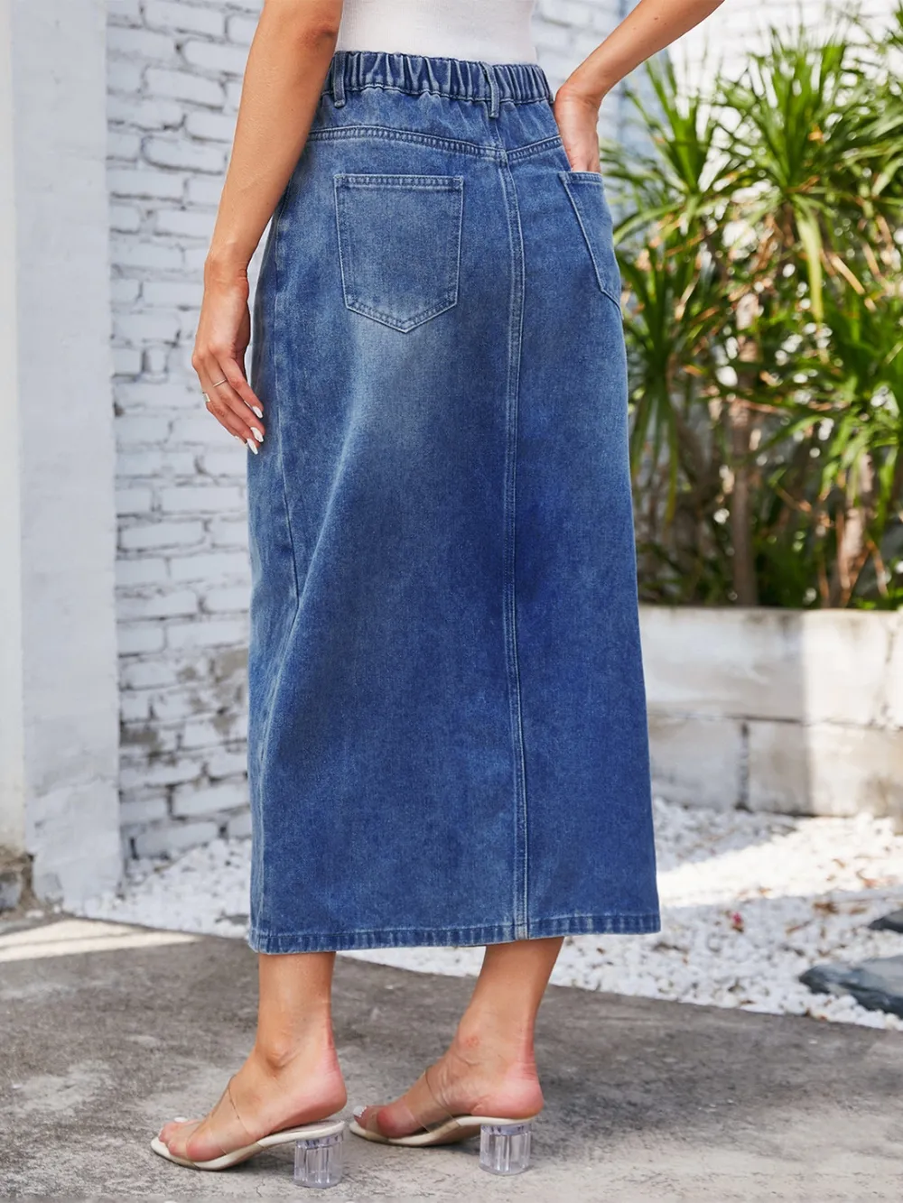 Slit Midi Denim Skirt with Pockets, image 10