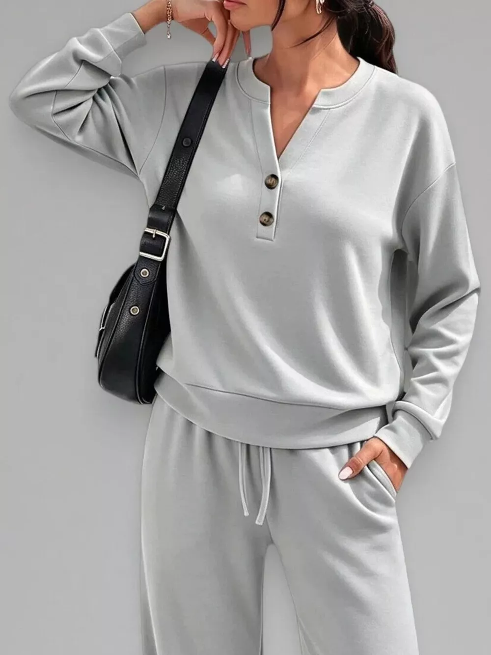 Button Detail Dropped Shoulder Top and Pants Set, image 7