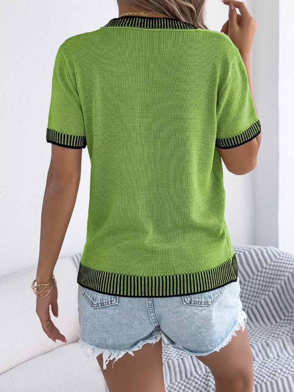 Striped Trim Knit Round Neck Sweater, image 2