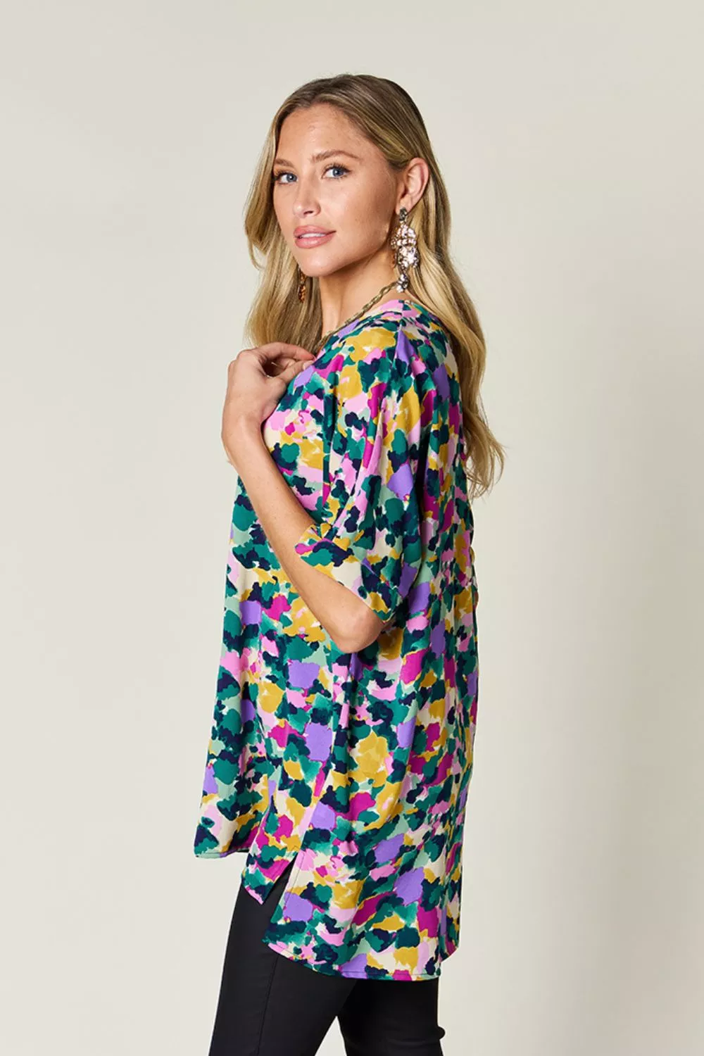 Full Size Printed V-Neck Short Sleeve Side Slit Top, image 3