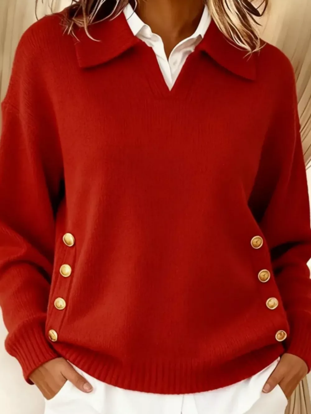 Full Size Decorative Button Dropped Shoulder Sweater Plus Size, image 2