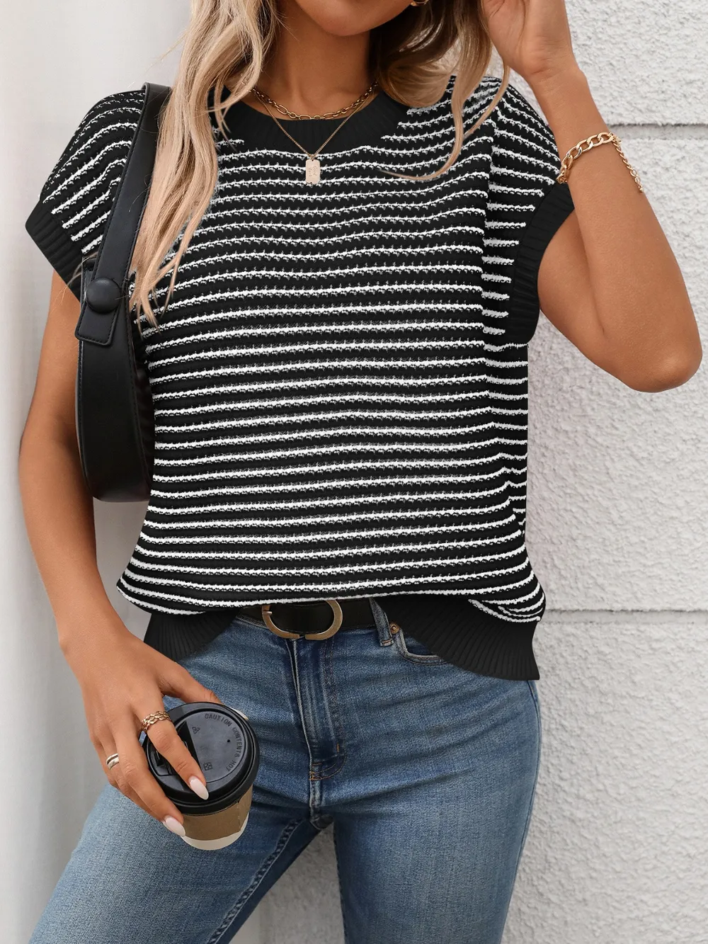 Striped Round Neck Short Sleeve Knit Top, image 13