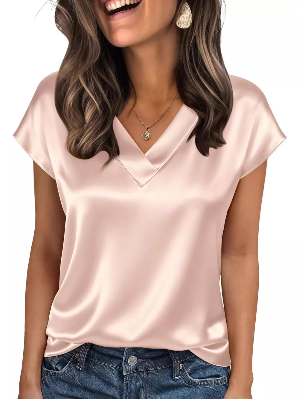 Satin V-Neck Cap Sleeve Blouse, image 14