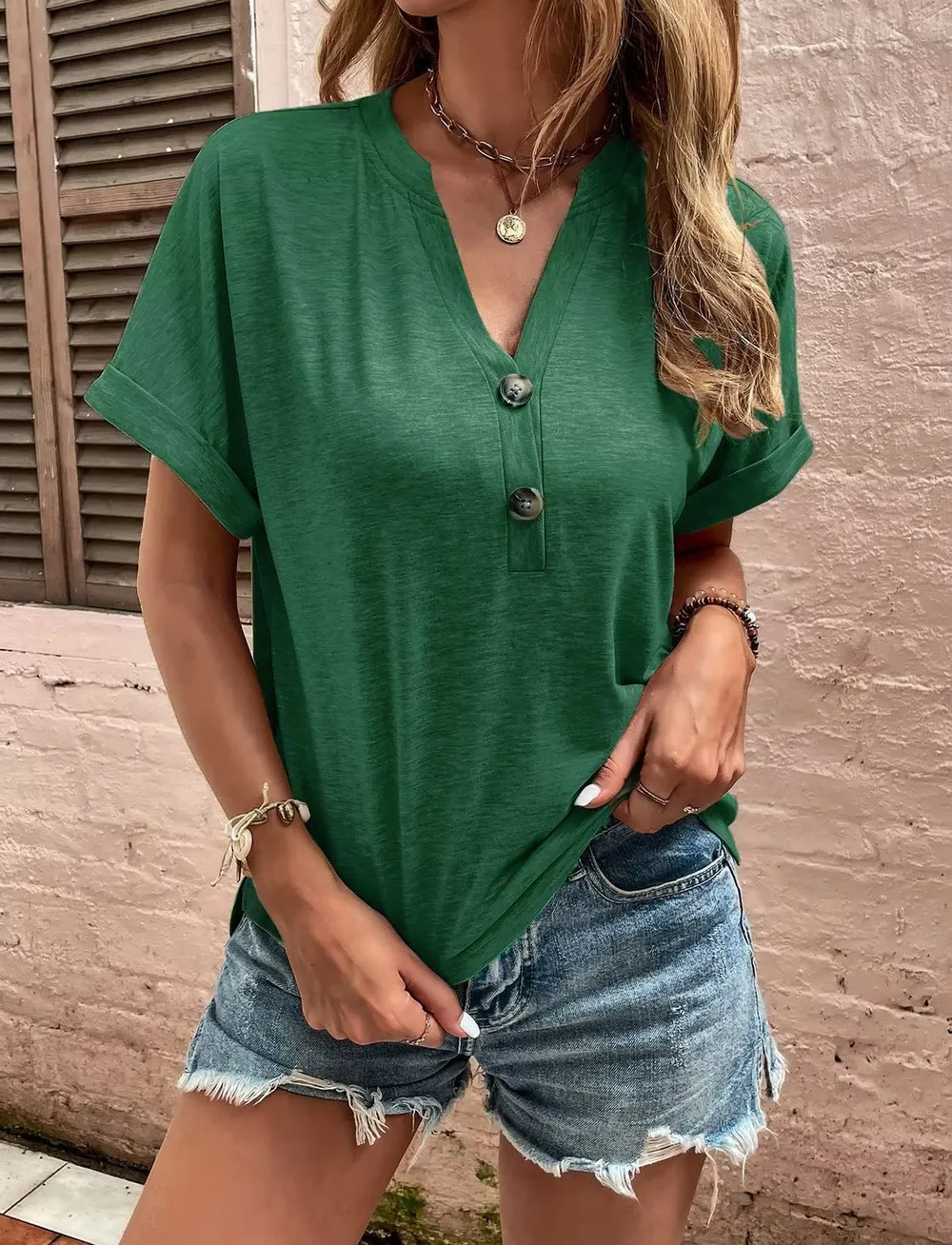 Full Size Notched Short Rolled Sleeve Top Plus Size, image 13