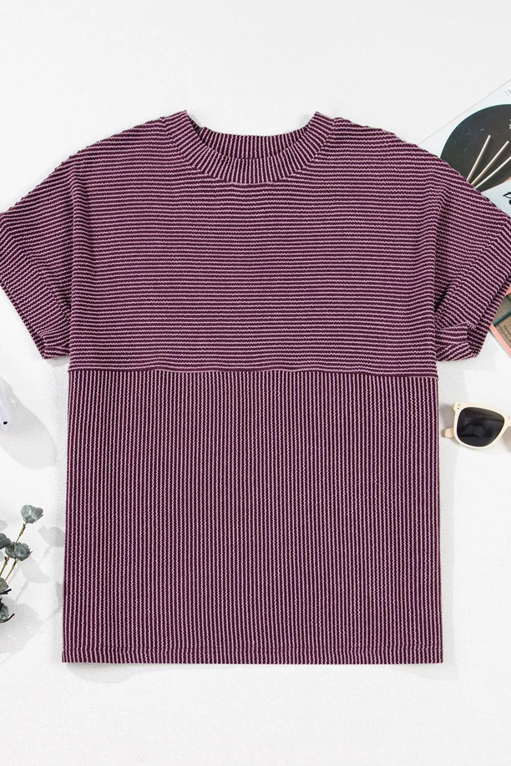 Corded Knit Mock Neck Short Sleeve T Shirt, image 7