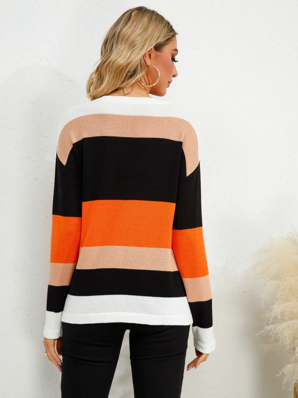 Striped Round Neck Dropped Shoulder Sweater, image 3
