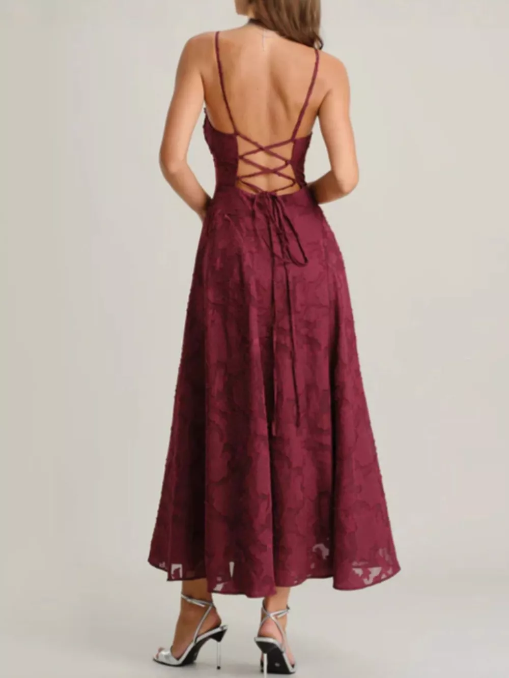 Lace Up Back Spaghetti Strap Maxi Dress, image 3