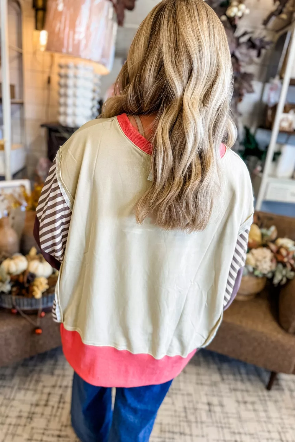 Color Block Striped Patchwork Dolman Slit Sweatshirt, image 7