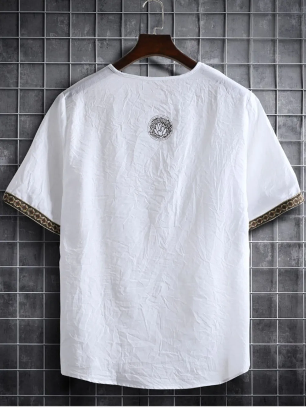 Men's Plus Size Texture Short Sleeve Top with Ethnic Trim, image 18
