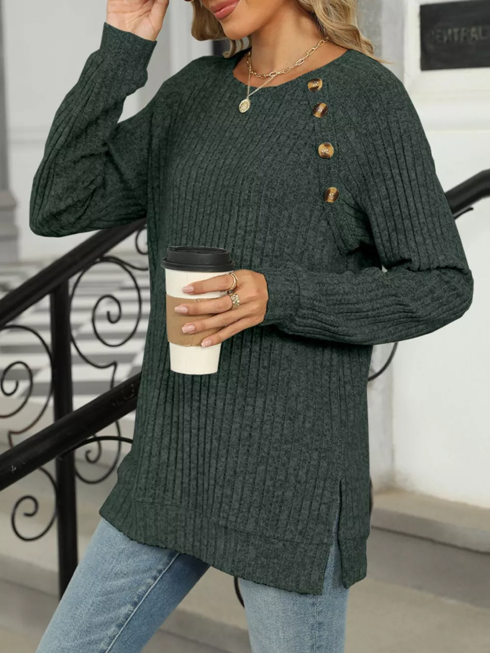 Round Neck Side Slit Ribbed Knit Top with Asymmetric Button Detail, image 8