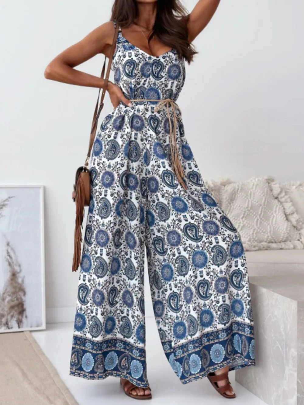 Paisley Print Spaghetti Strap Wide Leg Jumpsuit, image 12