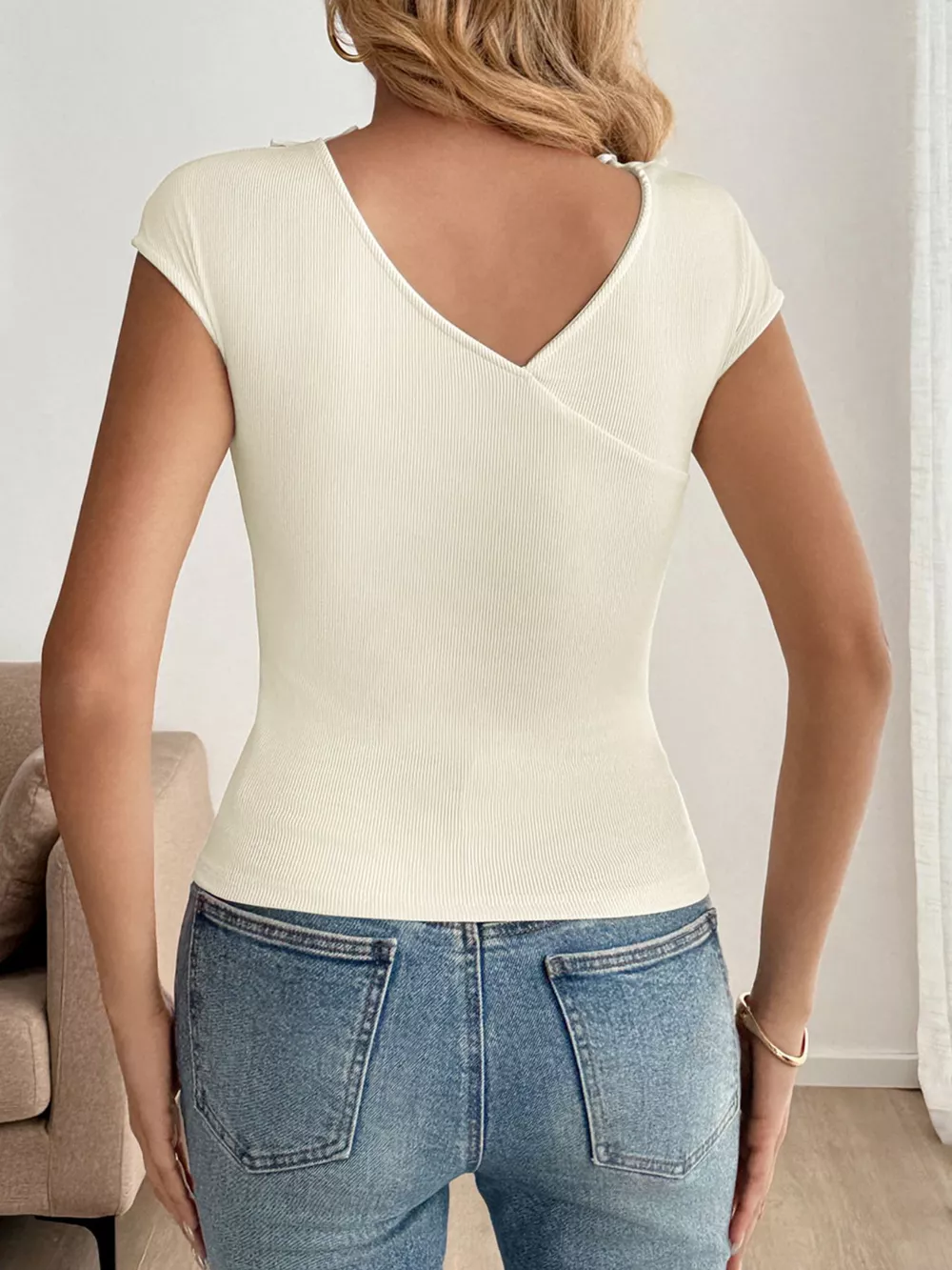 Ribbed Knit Bow Decor V-Neck T-Shirt, image 6