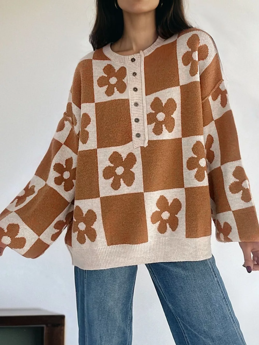 Flower Plaid Henley Baggy Sweater, image 2