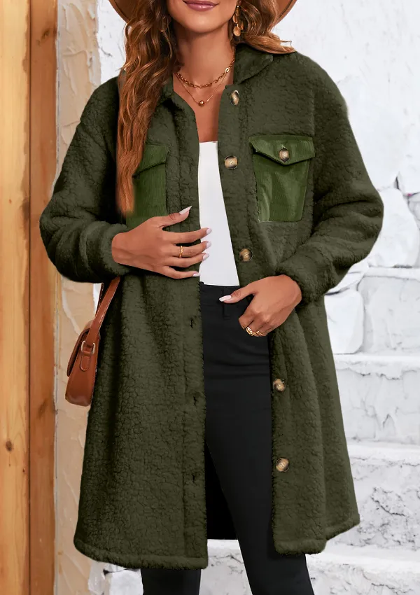 Collared Neck Long Sleeve Longline Teddy Jacket, image 15