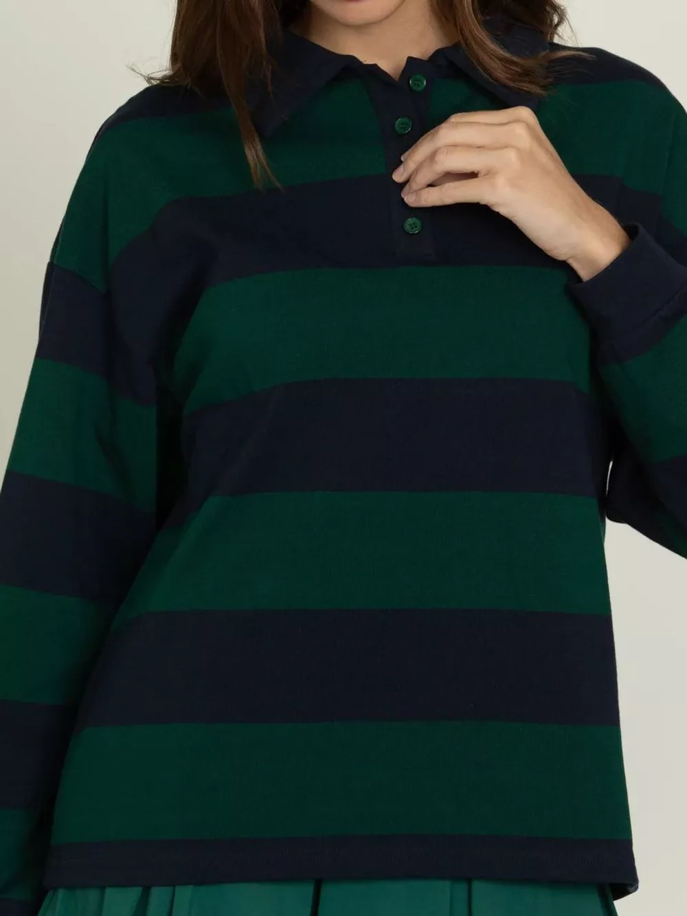 Striped Polo Collar Sweatshirt with Button Details, image 4