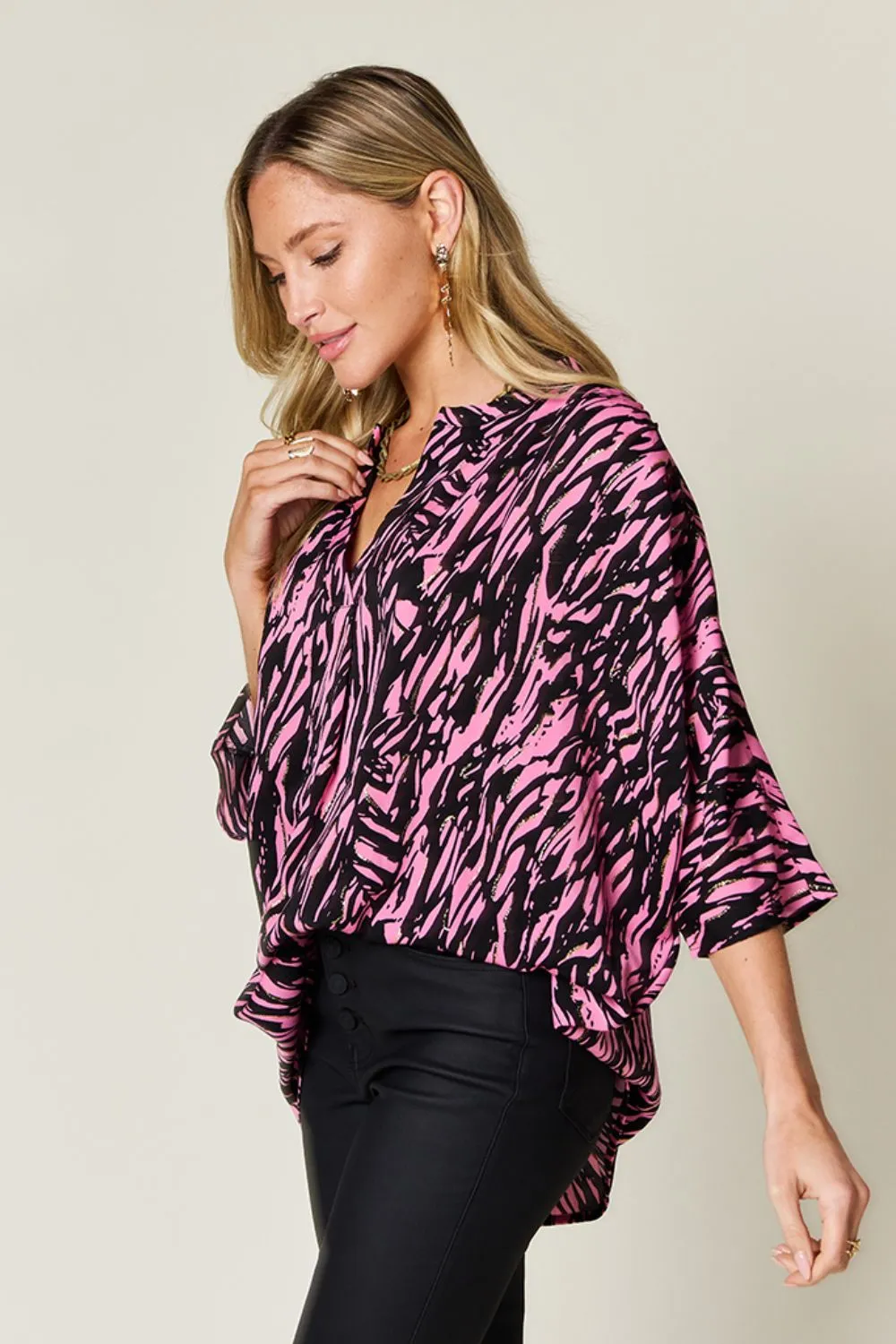 Full Size Printed Notched Three-Quarter Sleeve Blouse, image 5