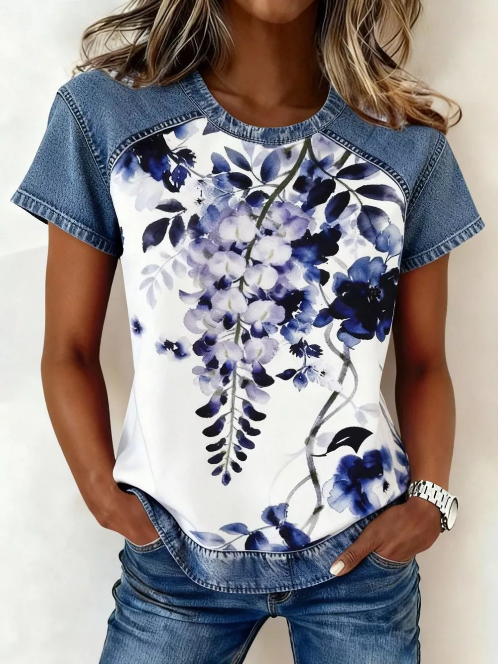 Denim Patchwork Short Sleeve Blouse, image 7